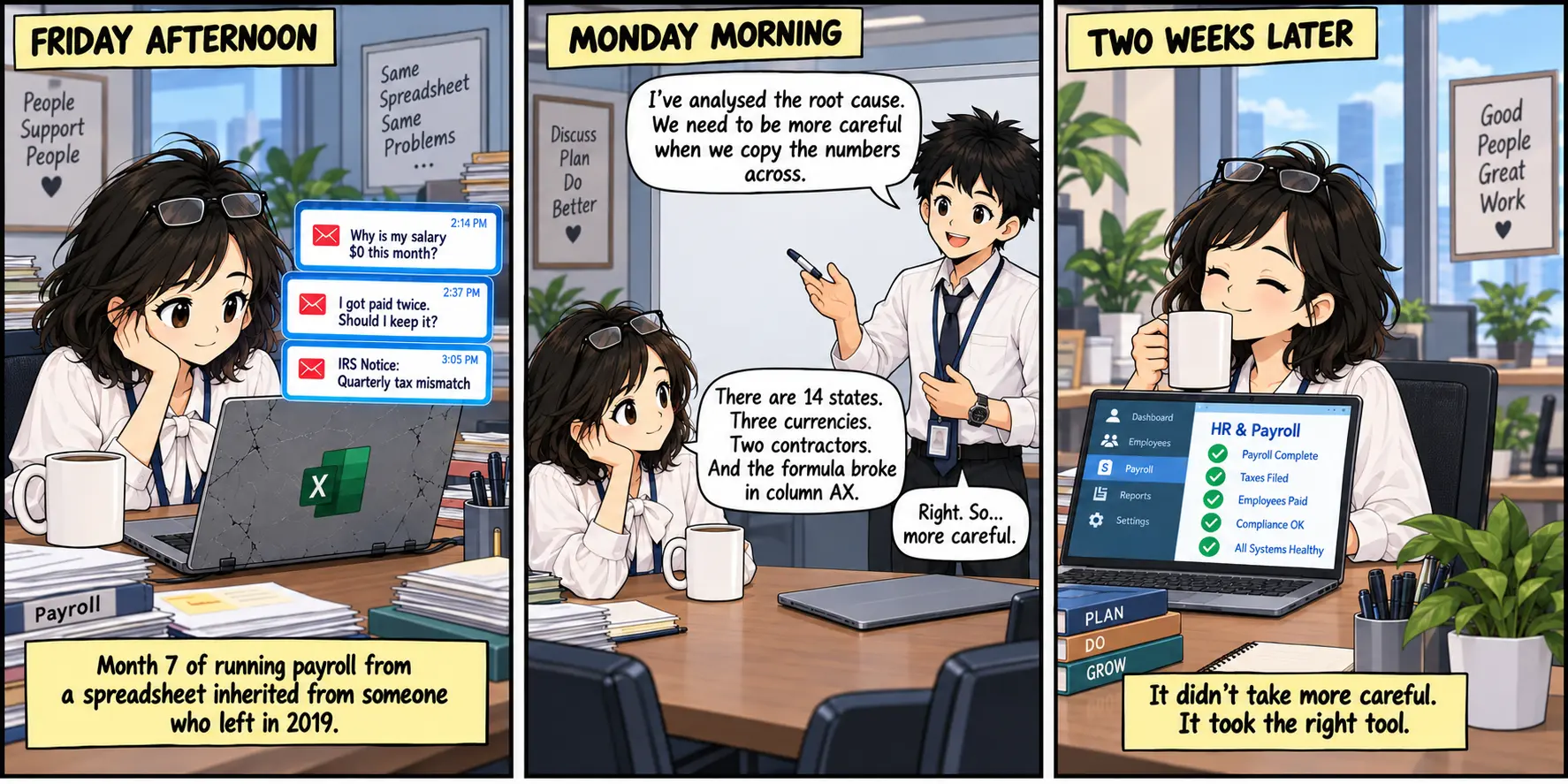 Three-panel comic: recurring spreadsheet payroll errors, a failed attempt to fix them by being more careful, and a calmer payroll process with dedicated software.