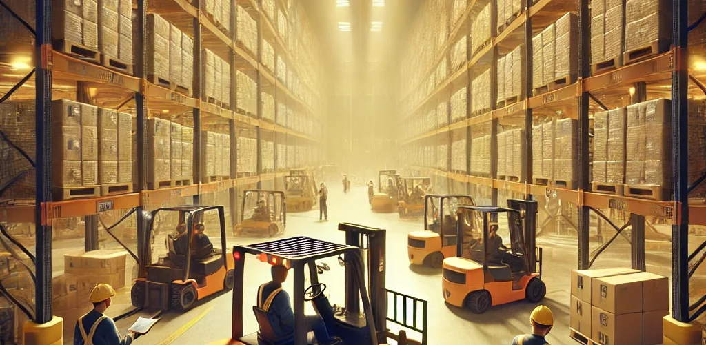 DALL·E 2024 12 02 23.16.40 The interior of a large warehouse filled with forklifts and engineers working efficiently. The scene showcases a neat and orderly space, illuminated b