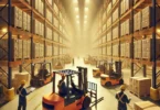 DALL·E 2024 12 02 23.16.40 The interior of a large warehouse filled with forklifts and engineers working efficiently. The scene showcases a neat and orderly space, illuminated b