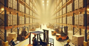 DALL·E 2024 12 02 23.16.40 The interior of a large warehouse filled with forklifts and engineers working efficiently. The scene showcases a neat and orderly space, illuminated b