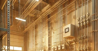 DALL·E 2024 12 17 21.34.46 The insides of a warehouse under construction, showcasing neat and orderly facilities management. Elements of visible plumbing pipes and electrical in